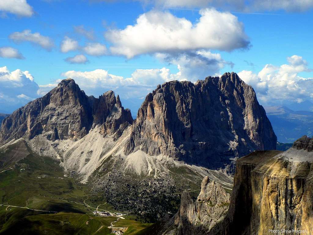 View of Sassolungo group from the summit of Sass Pordoi