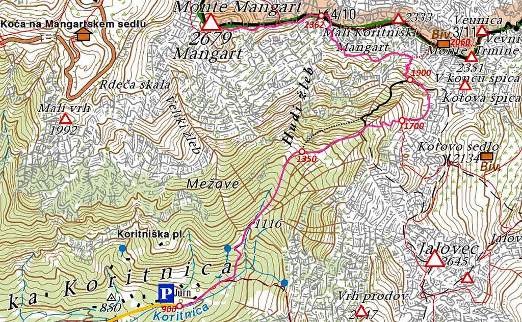 Mangart from Koritnica - map