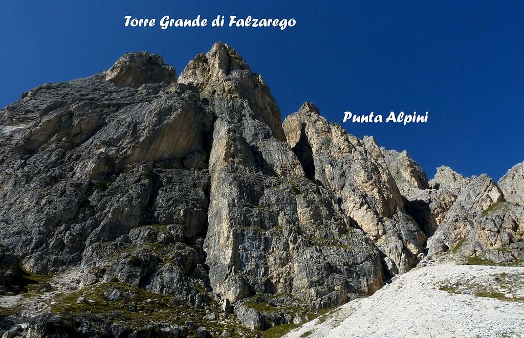 Torre Grande di Falzarego and Punta Alpini labelled