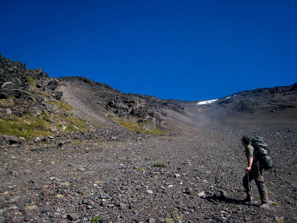 Looking up the long, loose gully on Lanin