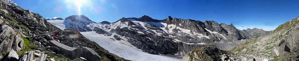 Panorama of the mountains lining the south side of the Gliederferner, from Weißzint to Roteck