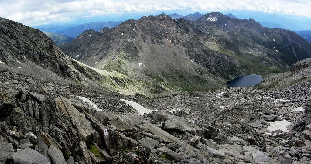 Looking down on the Napfspitz and Eisbruggsee from the Untere Weißzintscharte