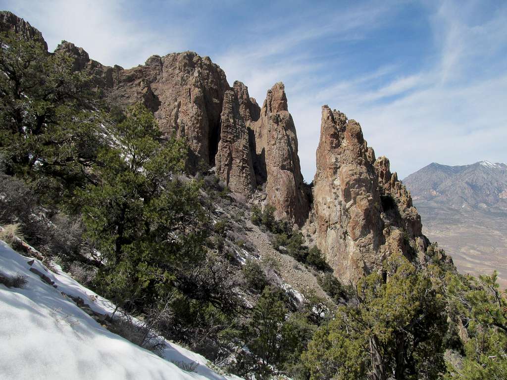 rock pinnacles with Hillers in the background