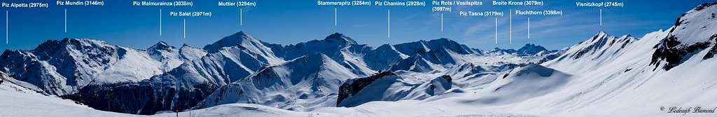 Labelled Samnaun Group Panorama: Its highest peaks