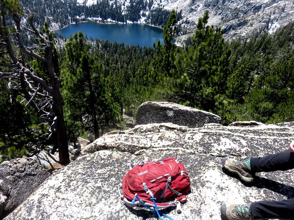My pack and Frog Lake from Frog Lake Peak