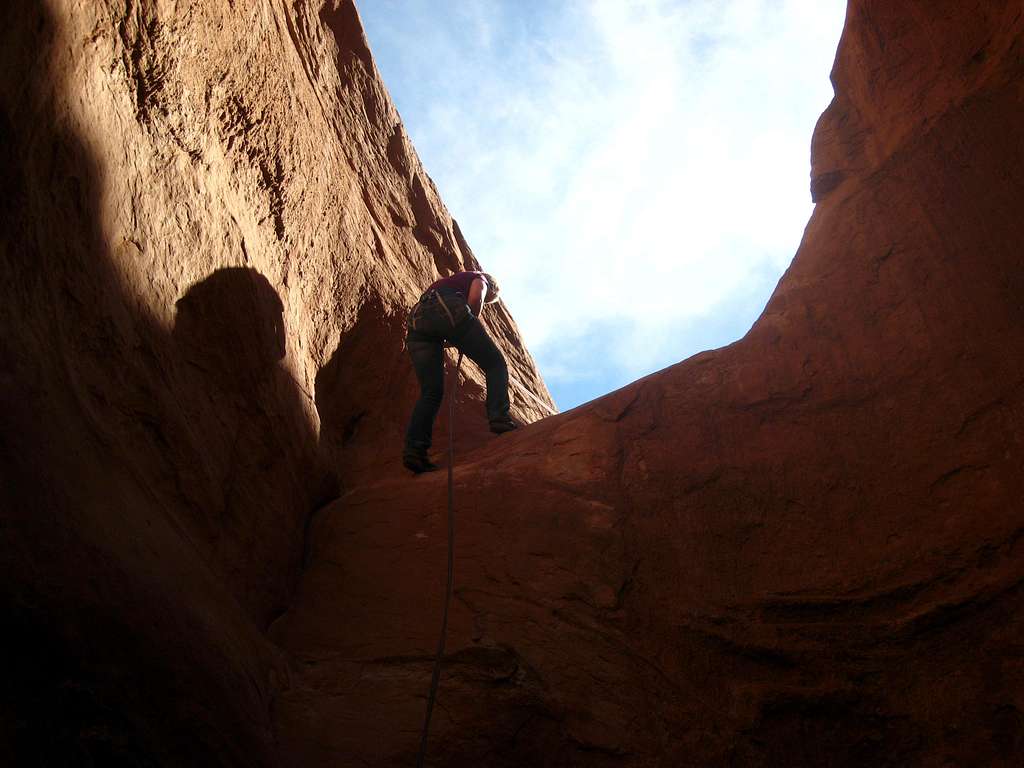 Jayme Rappelling the big drop in Buck Canyon