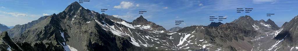 Annotated Gänsekragen summit panorama spanning roughly from west to northeast
