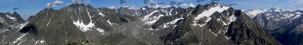 Annotated Gänsekragen summit panorama spanning roughly from northeast to south
