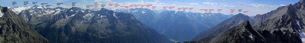 Annotated Gänsekragen summit panorama spanning roughly from southeast to northwest