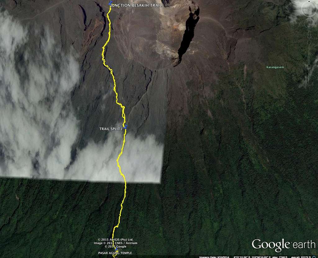Mt. Agung crossover route on Google Earth