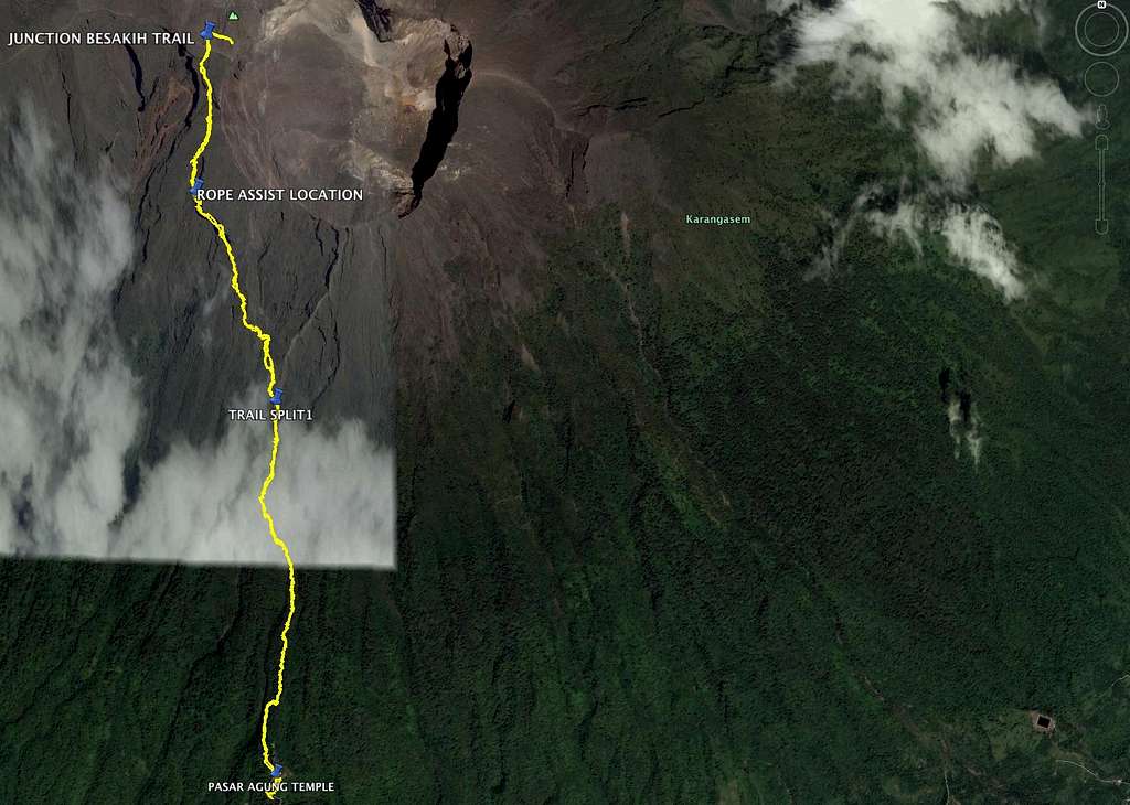 Mt. Agung route shown on google earth
