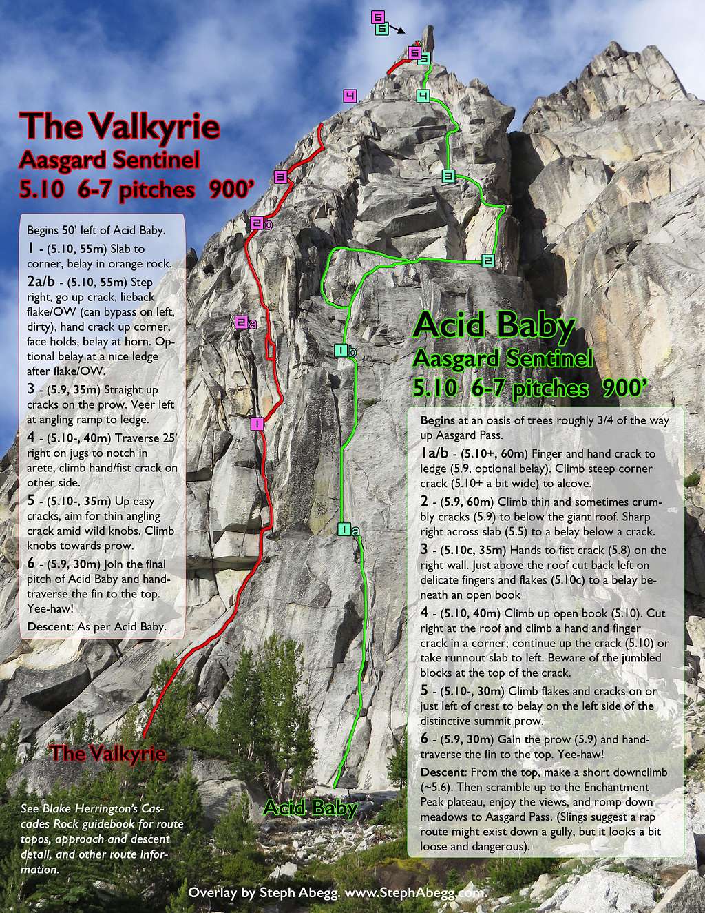 Route Overlay for Acid Baby and The Valkyrie (Aasgard Sentinel, North Cascades, WA)