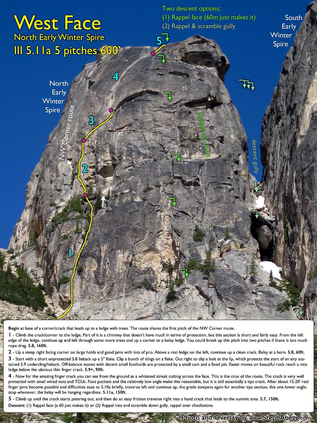 West Face of North Early Winter Spire Route Overlay