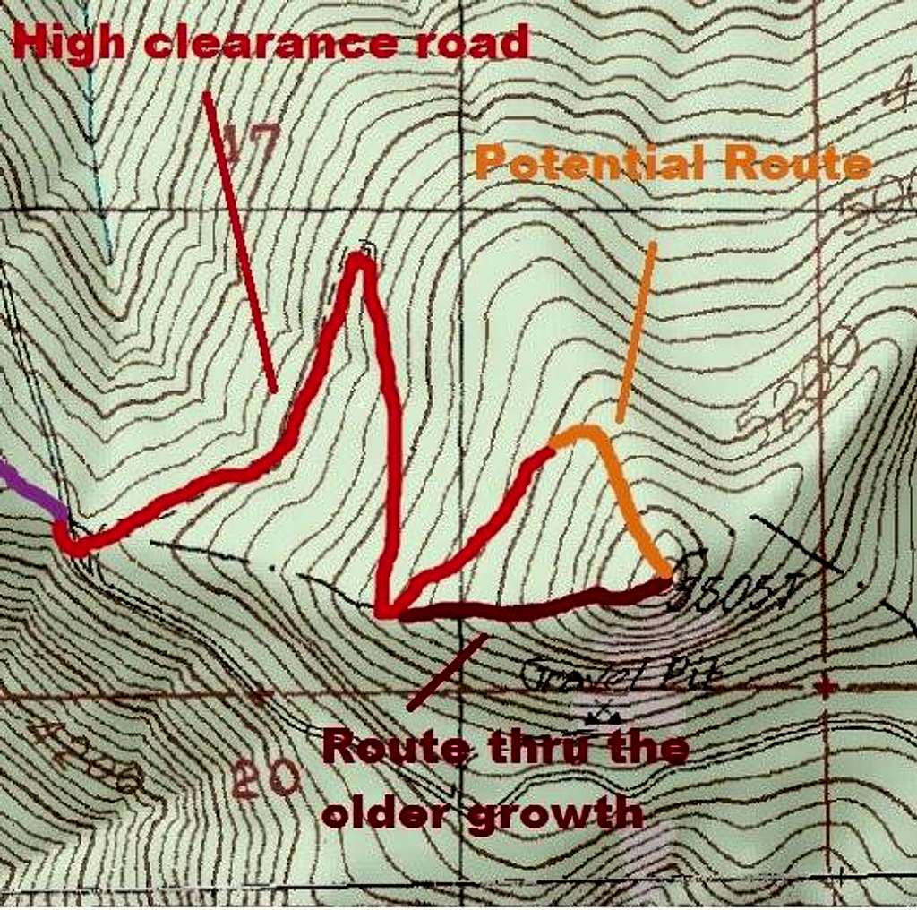 Map of the routes up Pechugh Peak