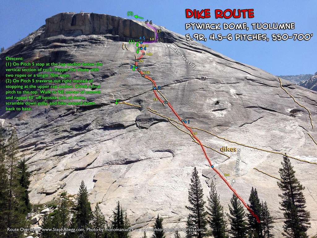 Route Overlay Dike Route on Pywiack Dome in Tuolumne