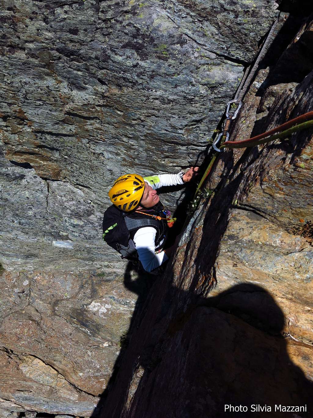 Climbing a dihedral on Superbianciotto route, Cristalliera
