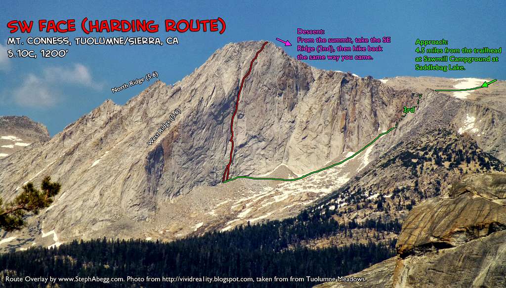 Route Overlay: Conness SW Face (broad view of route)