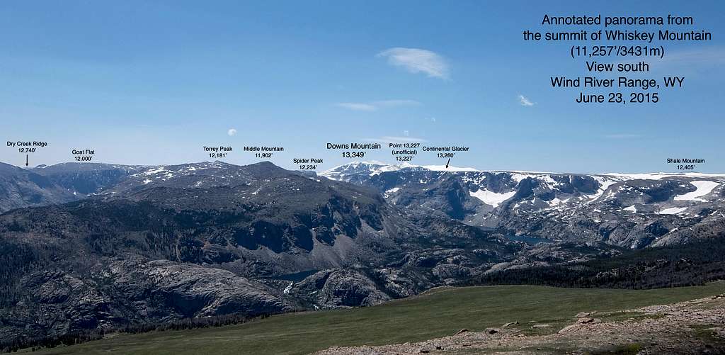 Annotated Panorama from the summit of Whiskey Mtn; elevation 11,257'