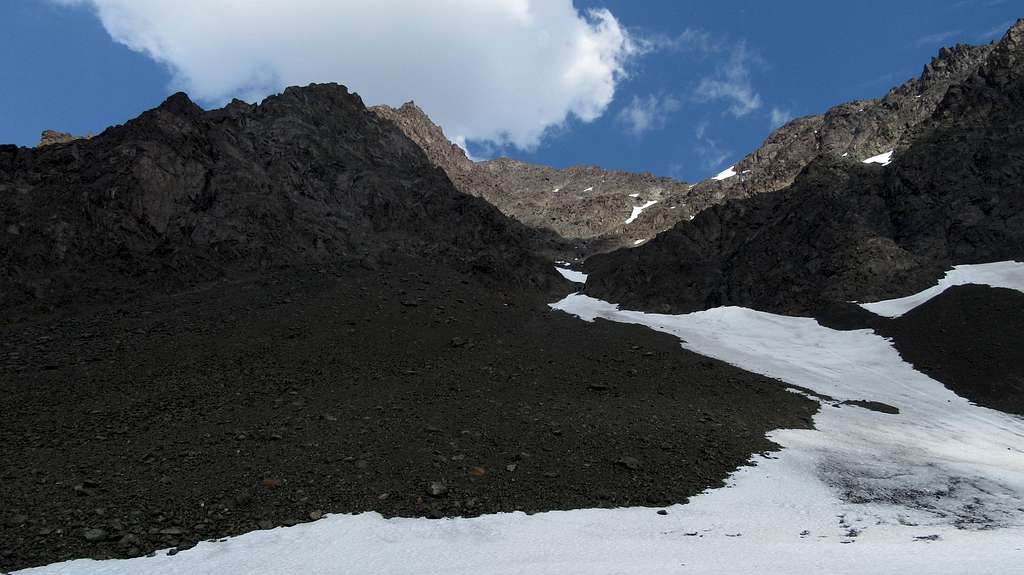 The scree field leading to the waterfall on Eagle Peak