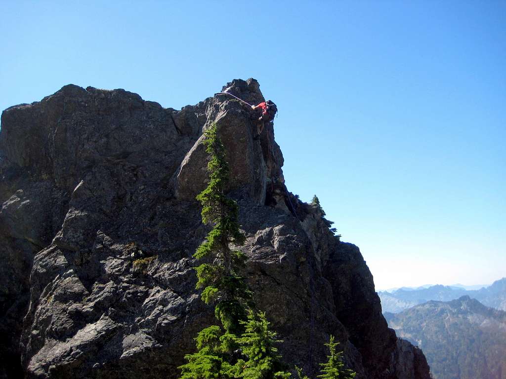 Rappelling into the 'north notch' on Red Mountain