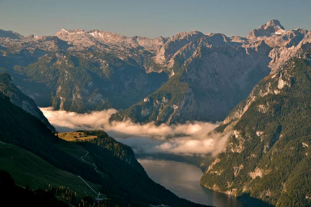 Early morning fog above the Königssee lake