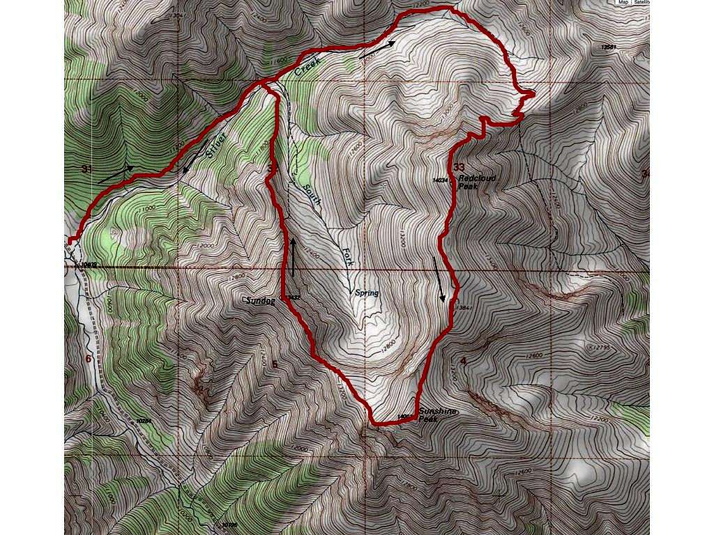 Map: Silver Ck trail to Redcloud, Sunshine, Sundog