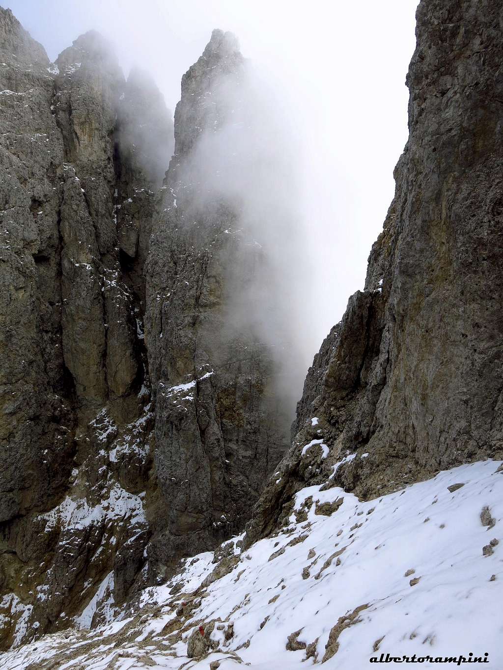 Unexpected September fresh snow on Cima del Coro Northern face