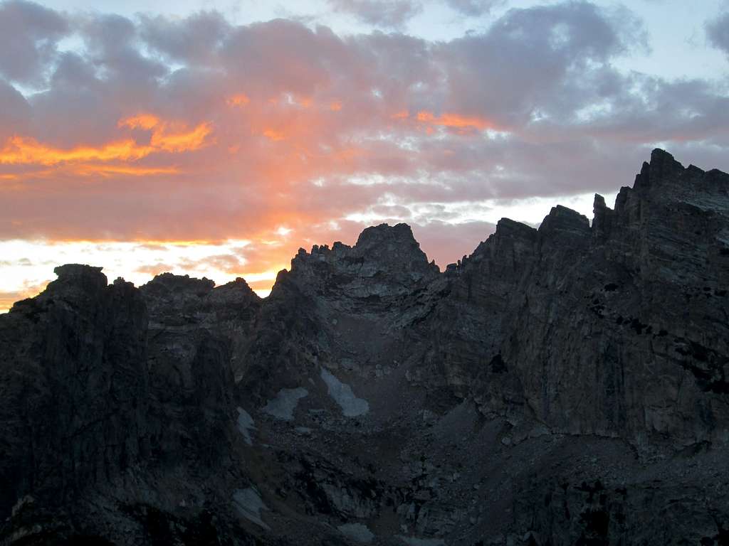 The Jaw and Hanging Canyon seen from the top of Symmetry Spire at sundown, Teton Range, WY