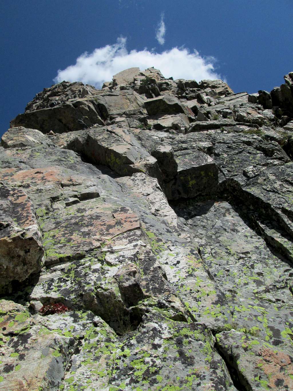 Looking up at the first pitch of the Southwest Ridge(YDS 5.7) of Symmetry Spire, Teton Range, WY