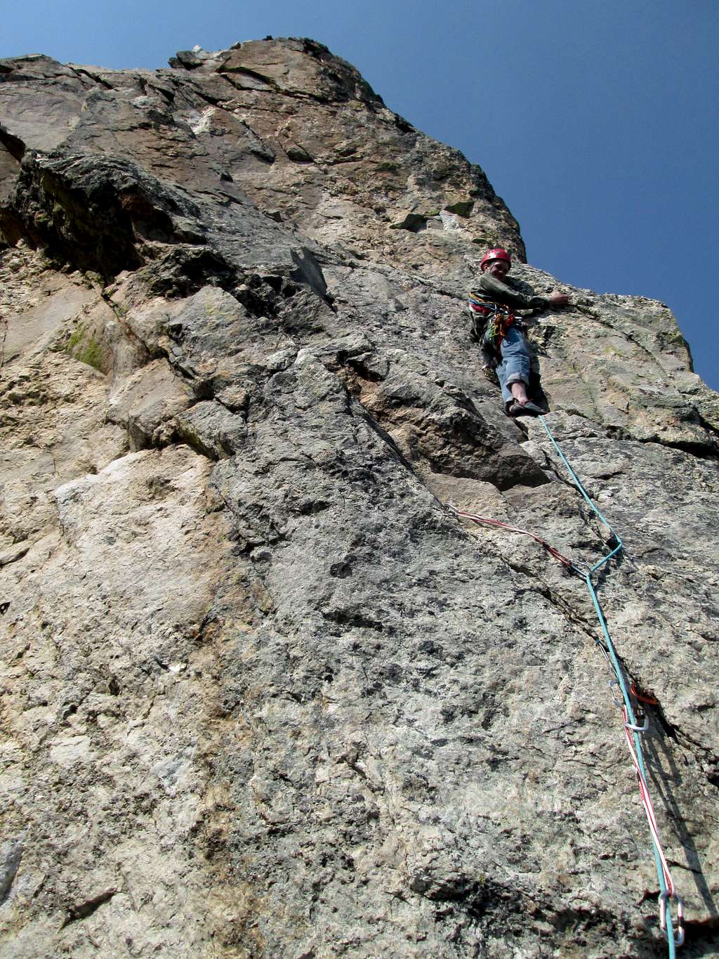 Myself leading the final pitch of the South Ridge/Face on Baxter's Pinnacle just above the 5.9+ move, Teton Range, WY
