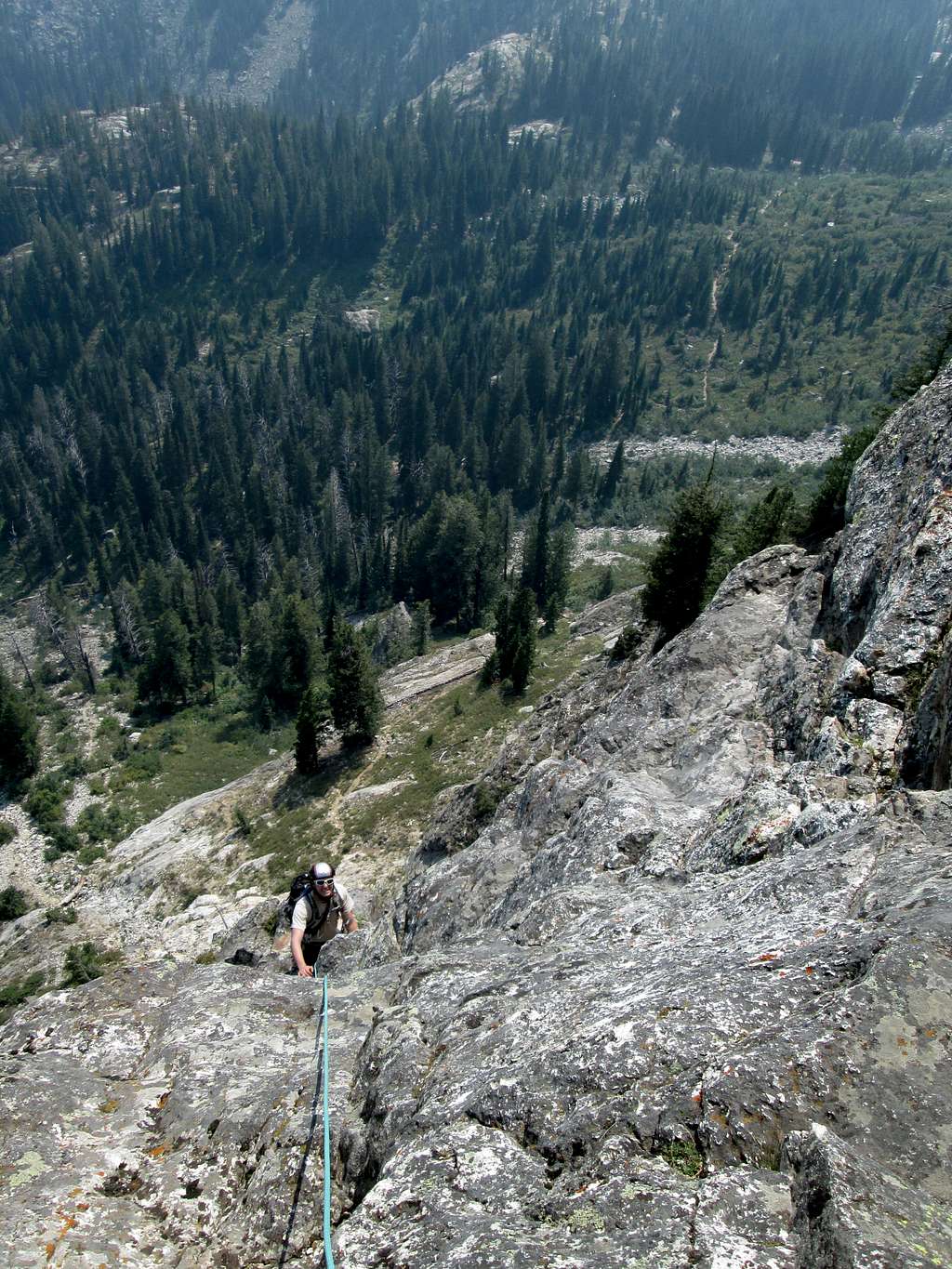 JD following at the end of pitch 3, South Ridge/Face of Baxter's Pinnacle, Teton Range, WY