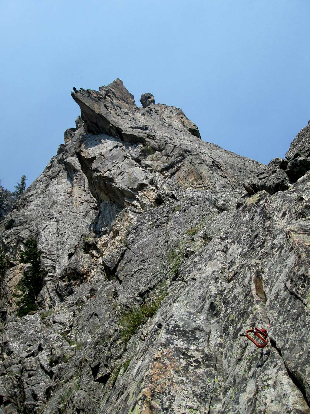 A link cam stuck in a crack on the first pitch of the South Ridge/Face of Baxter's Pinnacle, Teton Range, WY