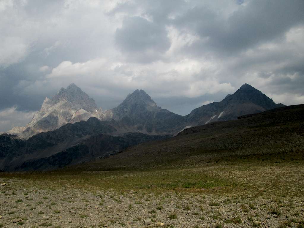 The Grand Teton(left) the Middle Teton(middle) and the South Teton(right) seen from Hurricane Pass, Teton Range, WY