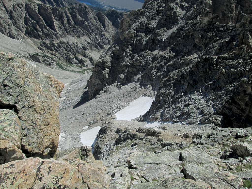 Looking down from halfway up the East Ridge of Cloudveil Dome, Teton Range, WY