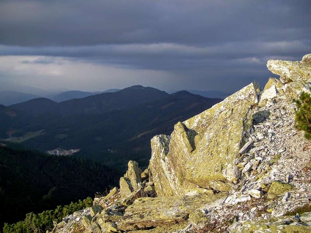 The view of Sonnwendstein from the rocky hillside of Grosser Pfaff