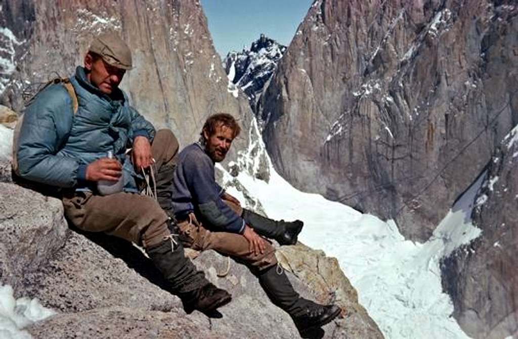 Don Whillans and Chris Bonington at the base of Central Tower of Paine, January 1963