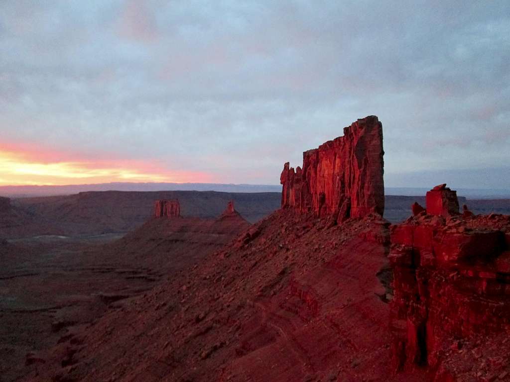 Castle Valley Towers seen at sunset from the base of Castleton Tower, Utah