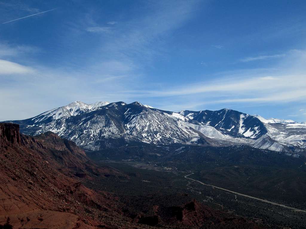 The La Sal Mountains seen from the base of Castleton Tower
