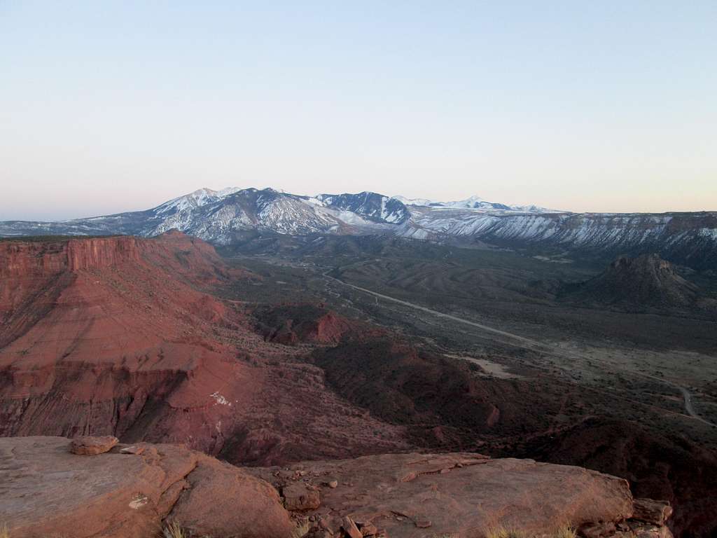 The La Sal Mountains seen from the top of Castleton Tower at sunset