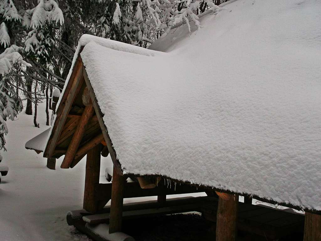 Snow-covered shelter