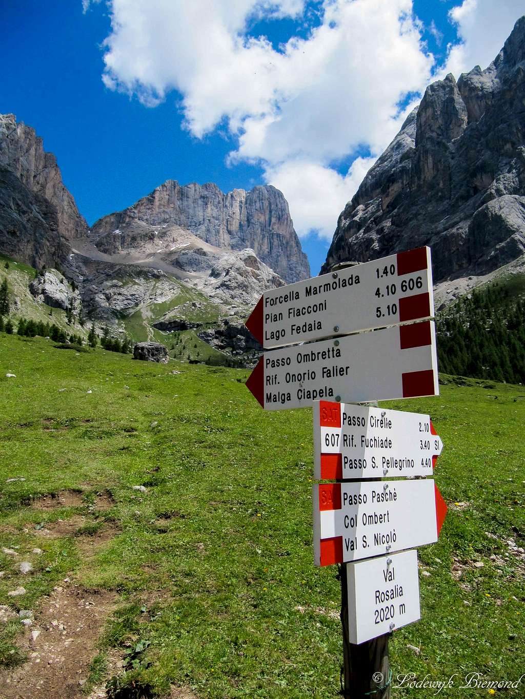 Signpost with Marmolada (3345m)