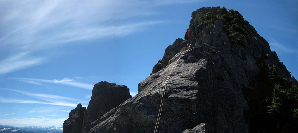 Rappelling the class 4 step on Spire Mountain