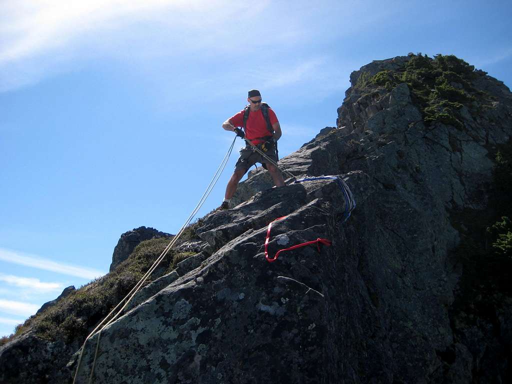 Preparing to rappel the class 5 step on Spire Mountain
