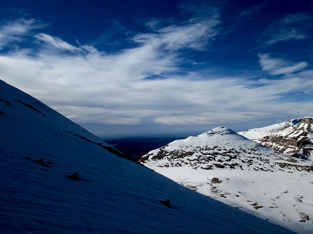 Looking north from the snowy summit face of Kings Peak, Uinta Range, Utah