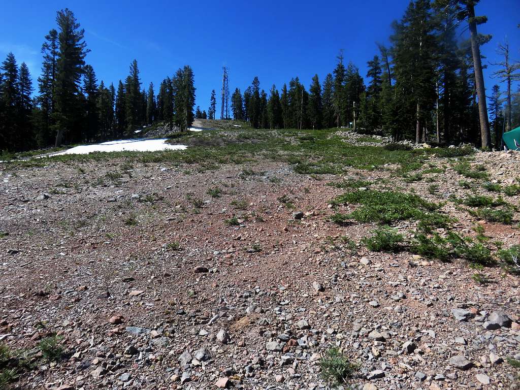Looking up the ski slope to the summit of Mount Pluto