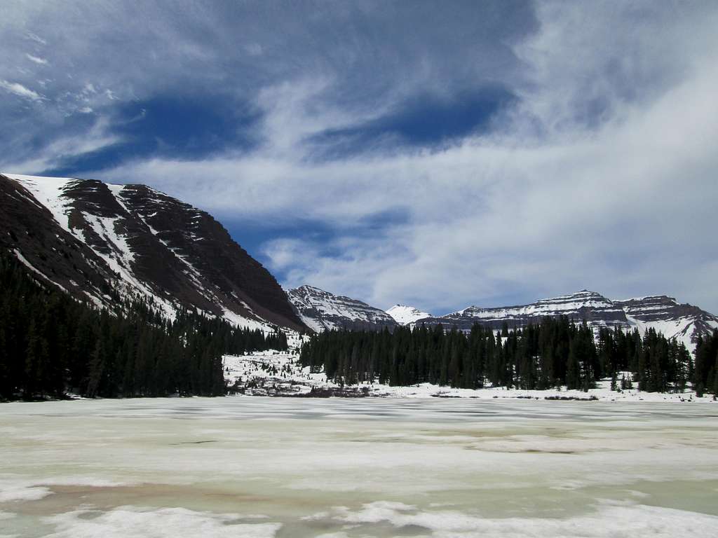 The still frozen Dollar Lake, on the approach to Kings Peak