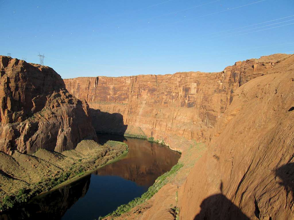 Looking down into Glen Canyon from the top of the 4th class ramp, just next to the dam