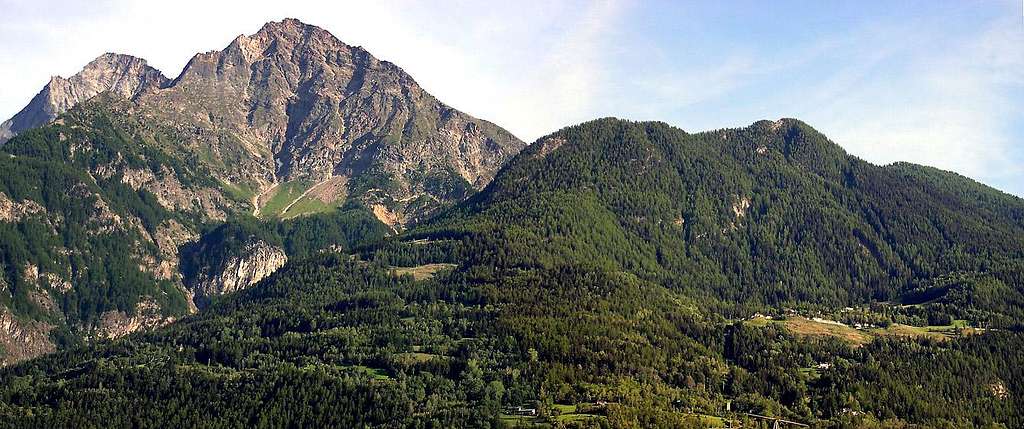 The dominating Becca di Nona <i>3142m</i> <br>seen from  the town of Aosta <i>583m</i>
