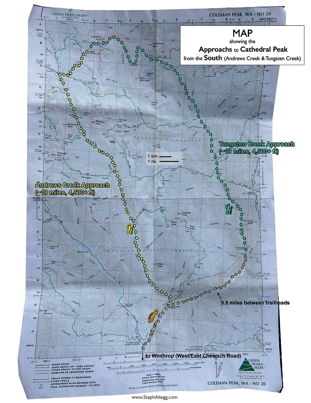 Map showing approach to Cathedral Peak from the south (US approach)