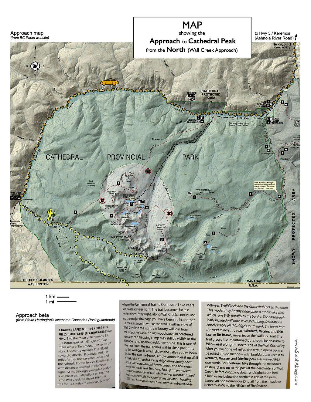 Map showing approach to Cathedral Peak from the north (Canadian approach)